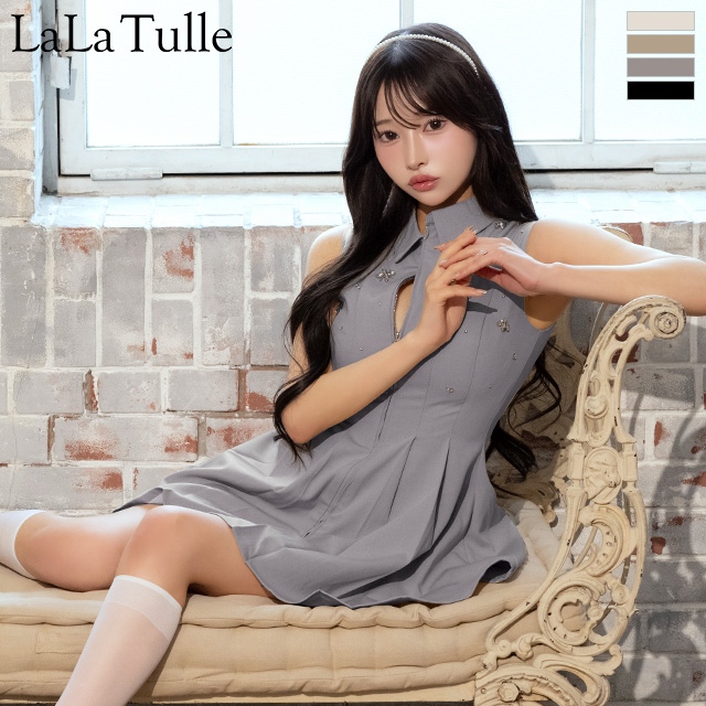 襟付き ノースリーブ ジップデザイン プリーツスカート クラシカル フレアミニドレスのメイン画像>

      <img src=