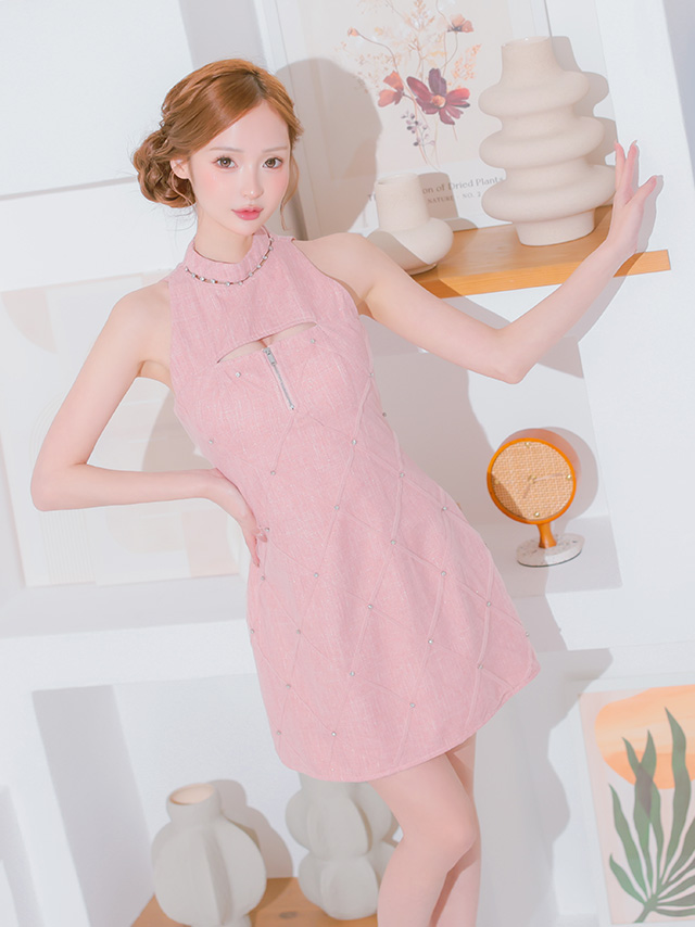 ジップデザイン ノースリーブ ツイード ラメ デコルテカッティング タイトミニドレスのイメージ画像1