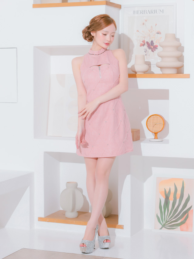 ジップデザイン ノースリーブ ツイード ラメ デコルテカッティング タイトミニドレスのイメージ画像3