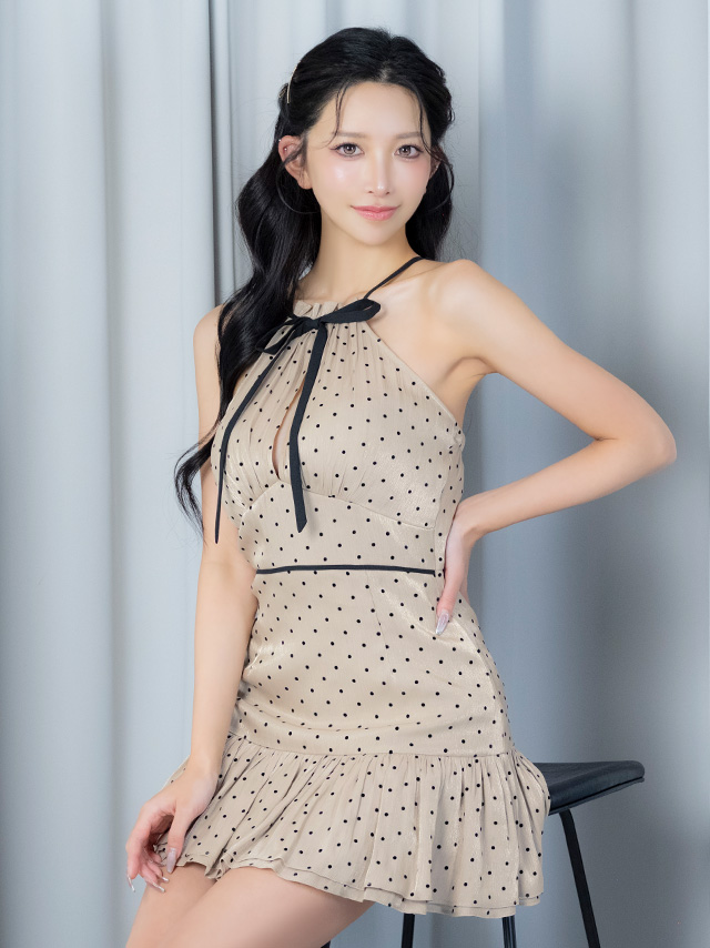 ドット柄 ホルターネック リボン オーガンジー ガーリー フレアミニドレスのイメージ画像1