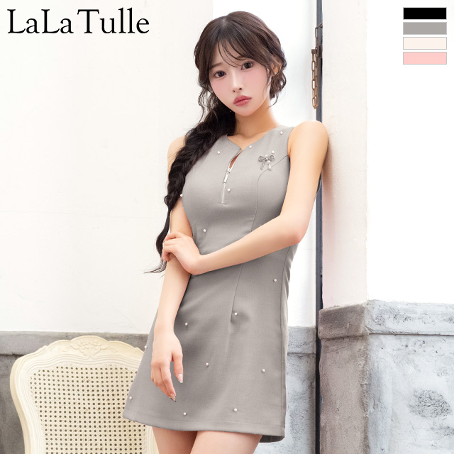 ノースリーブ　ジップデザイン リボン パール ビジュー フレアミニドレスのメイン画像