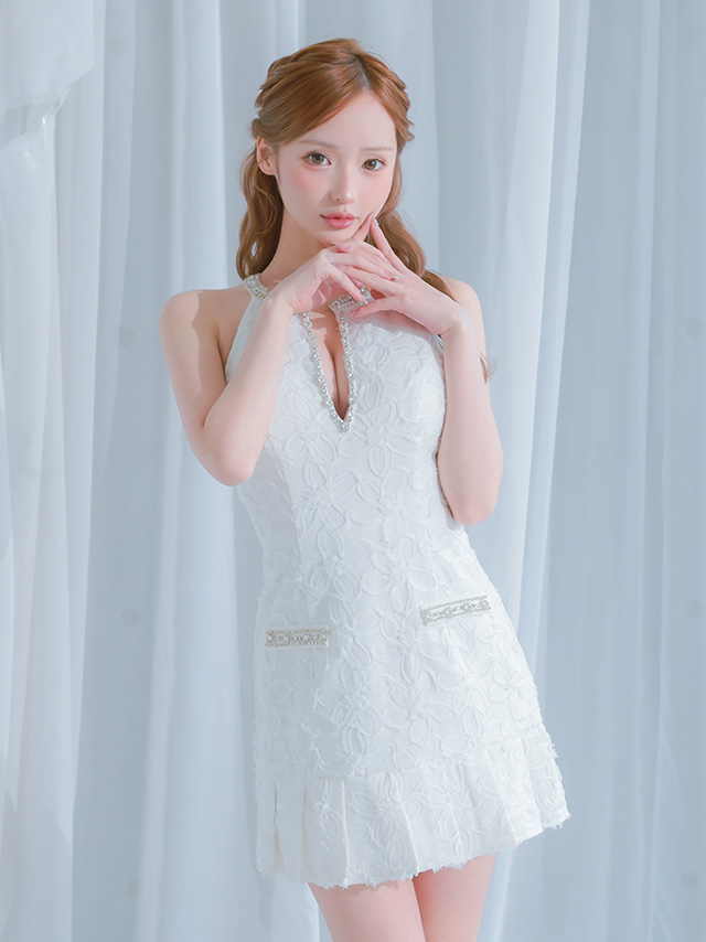 キャバドレス ROBEdeFLEURS ローブドフルール ホルターネック フラワージャガード プリーツ ガーリー フレアミニドレスのイメージ画像1