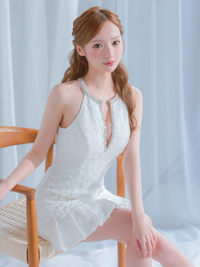 キャバドレス ROBEdeFLEURS ローブドフルール ホルターネック フラワージャガード プリーツ ガーリー フレアミニドレスのイメージ画像2