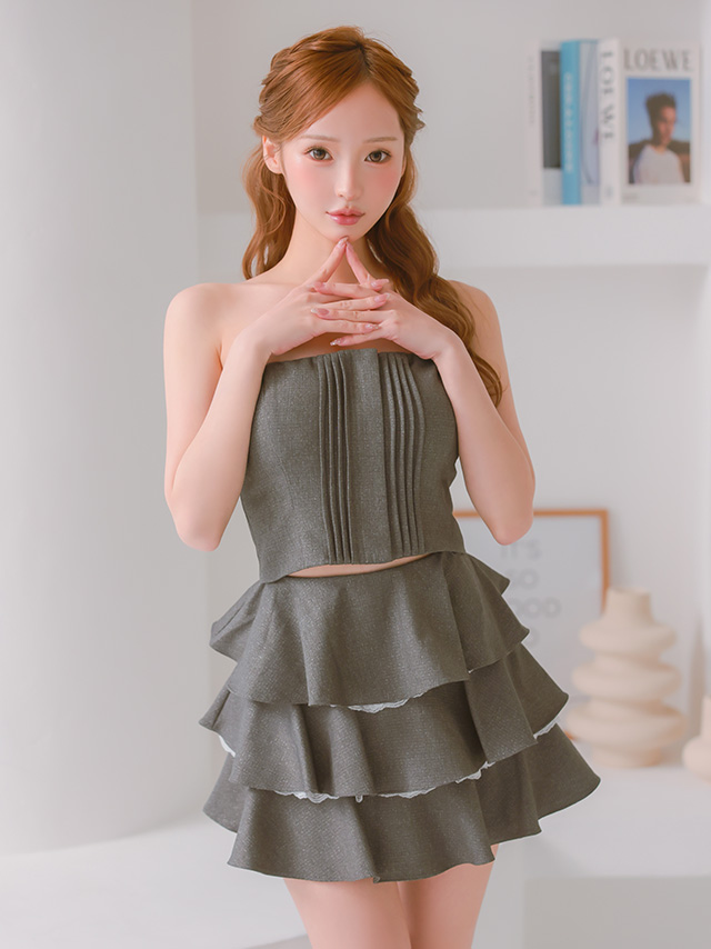 ベアトップ セットアップ ジップデザイン ティアードスカート フリル パイピング フレアミニドレスのイメージ画像2