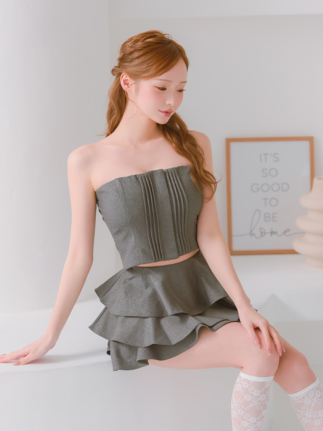 ベアトップ セットアップ ジップデザイン ティアードスカート フリル パイピング フレアミニドレスのイメージ画像3