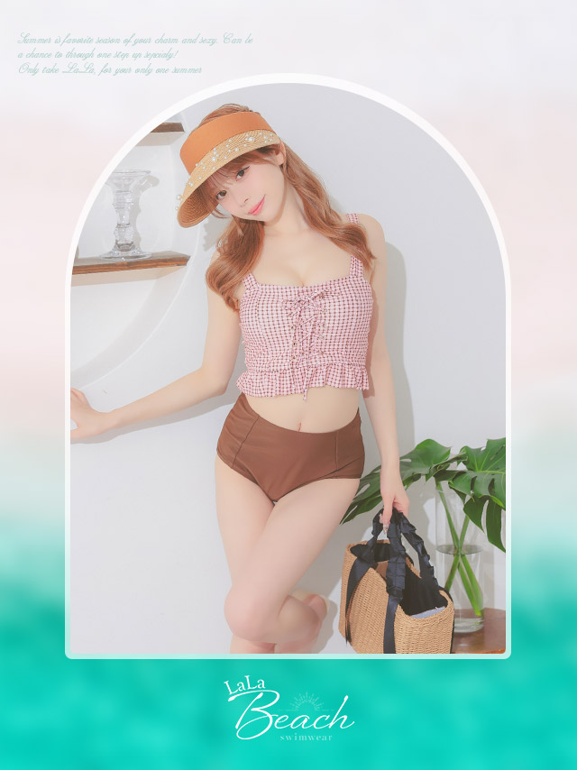 水着 チェック柄 ビスチェ レースアップ フリル ハイウエスト ガーリー ビキニのイメージ画像1