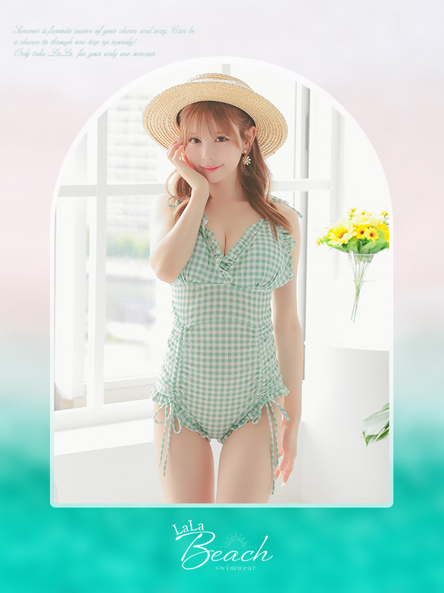 水着 チェック柄 ビスチェ レースアップ フリル ハイウエスト ガーリー ビキニのイメージ画像1