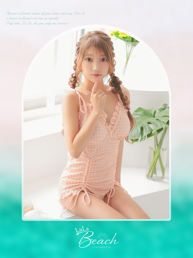 水着 チェック柄 ビスチェ レースアップ フリル ハイウエスト ガーリー ビキニのイメージ画像1