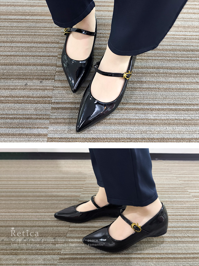 ローヒール ポインテッドトゥ パール ストラップ付き パンプス