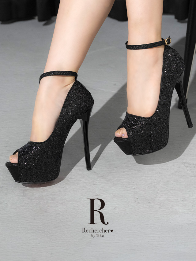 アンクルストラップ付き オープントゥ スパンコール パンプス