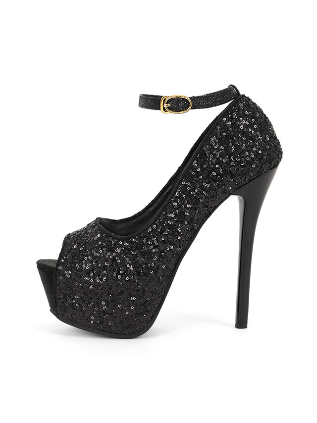 アンクルストラップ付き オープントゥ スパンコール パンプス
