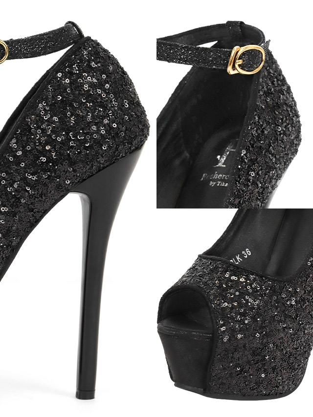 アンクルストラップ付き オープントゥ スパンコール パンプス