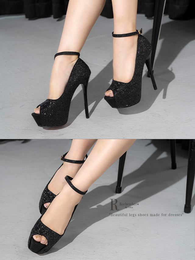 アンクルストラップ付き オープントゥ スパンコール パンプス