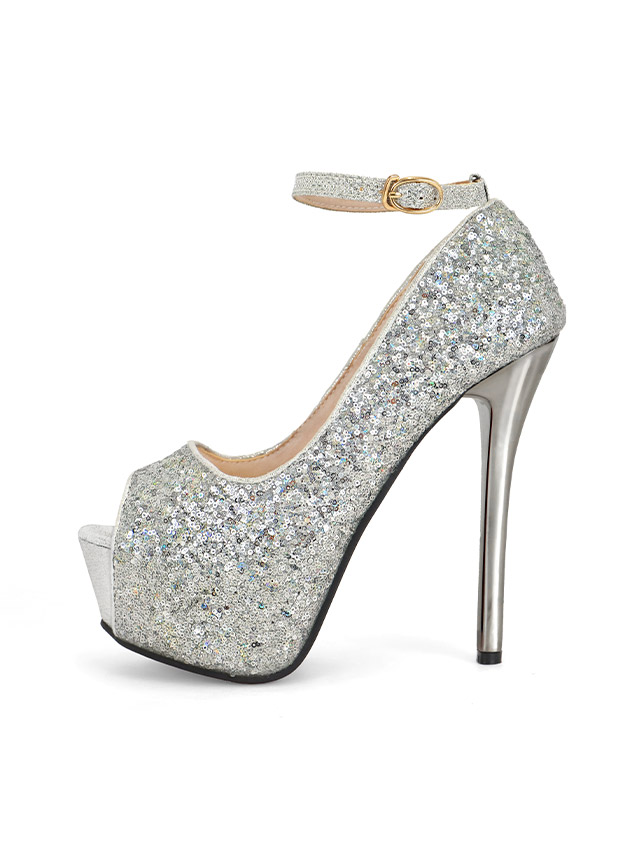 スパンコール アンクルストラップ付き オープントゥ パンプス