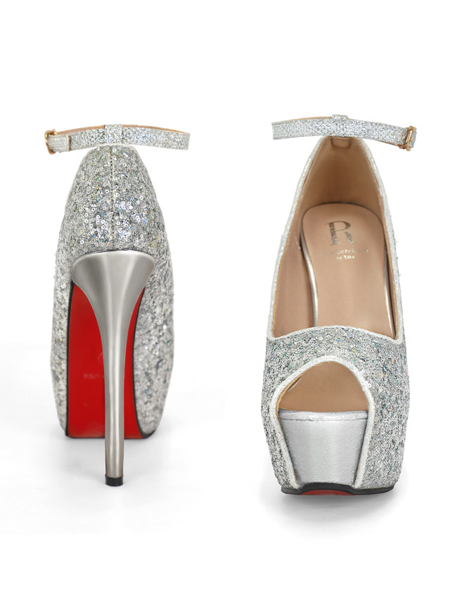 スパンコール アンクルストラップ付き オープントゥ パンプス