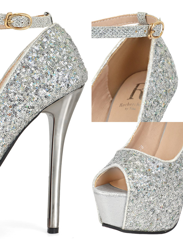 スパンコール アンクルストラップ付き オープントゥ パンプス