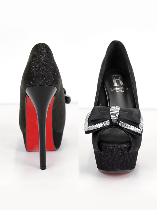 ビジュー グリッター オープントゥ ビッグリボン パンプス