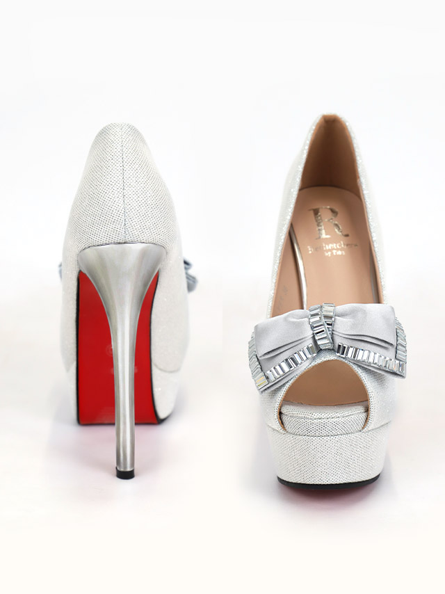 ビッグリボン ビジュー グリッター オープントゥ パンプス