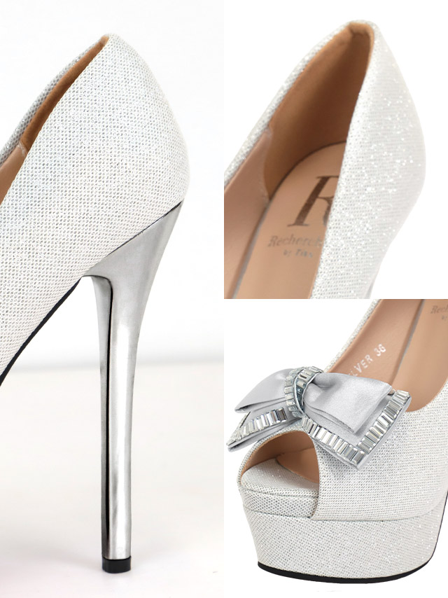 ビッグリボン ビジュー グリッター オープントゥ パンプス