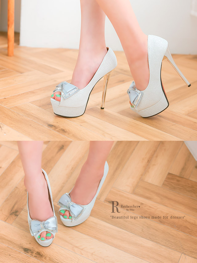 ビッグリボン ビジュー グリッター オープントゥ パンプス