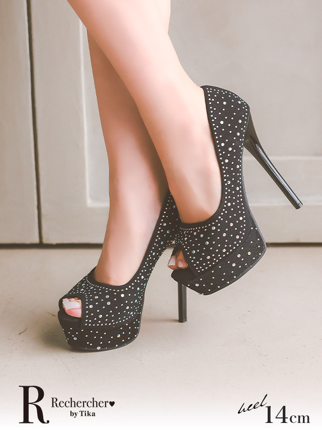 キラキラストーン オープントゥ パンプス