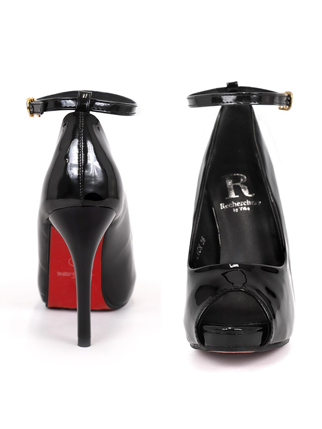 エナメル アンクルストラップ付き オープントゥ パンプス