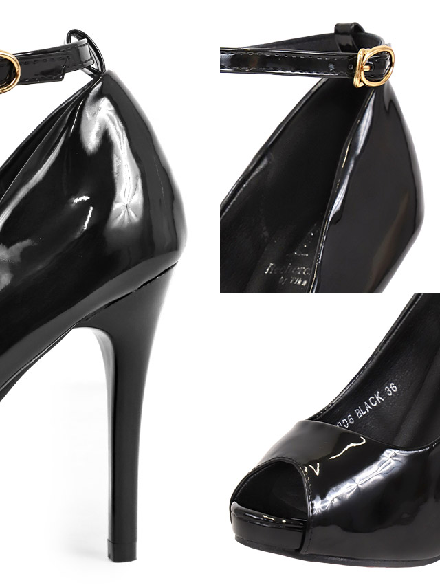 エナメル アンクルストラップ付き オープントゥ パンプス