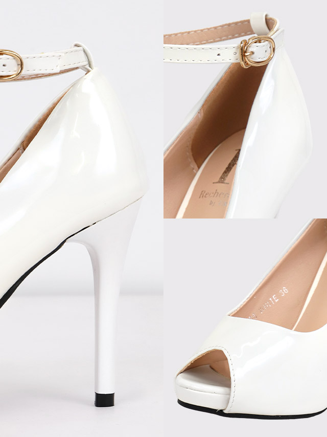 エナメル アンクルストラップ付き オープントゥ パンプス