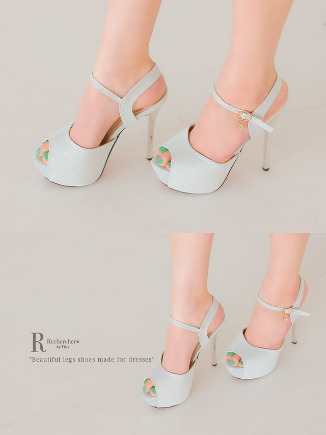 ラメ ビジューチャーム ストラップ付き オープントゥ サンダル