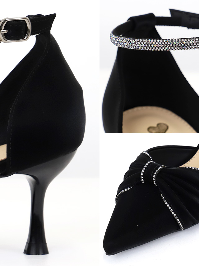 ビジュー アンクルストラップ付き ポインテッドトゥ リボンデザイン パンプス