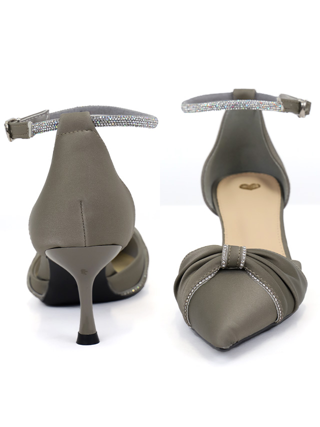 リボンデザイン ビジュー アンクルストラップ付き ポインテッドトゥ パンプス