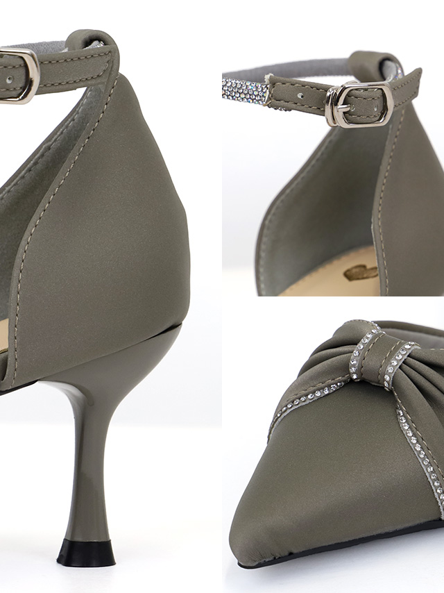 リボンデザイン ビジュー アンクルストラップ付き ポインテッドトゥ パンプス