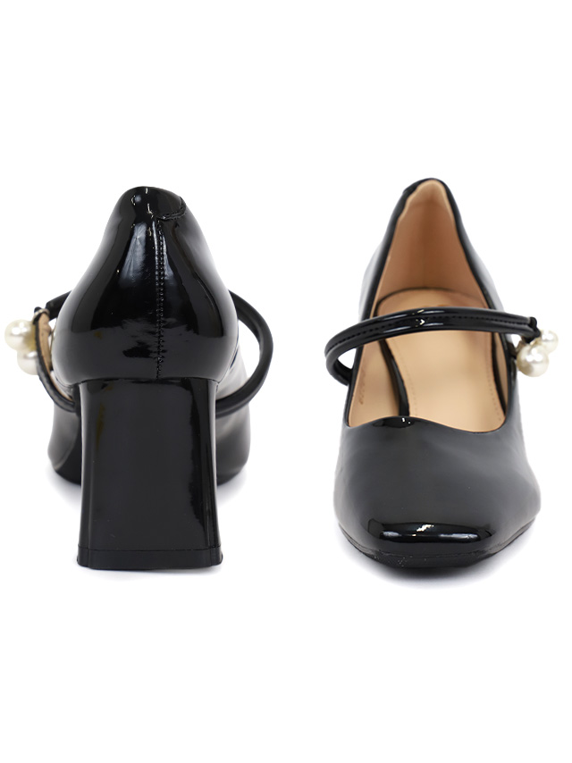 エナメル パール装飾 ストラップ付き 太ヒール パンプス