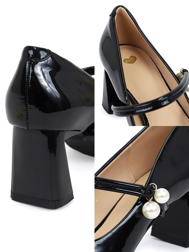 エナメル パール装飾 ストラップ付き 太ヒール パンプス