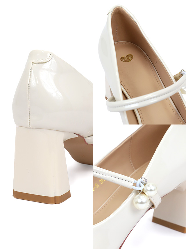 パール装飾 ストラップ付き 太ヒール エナメル パンプス