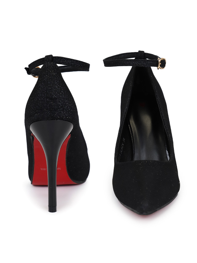 アンクルストラップ付き ポインテッドトゥ ラメ パンプス