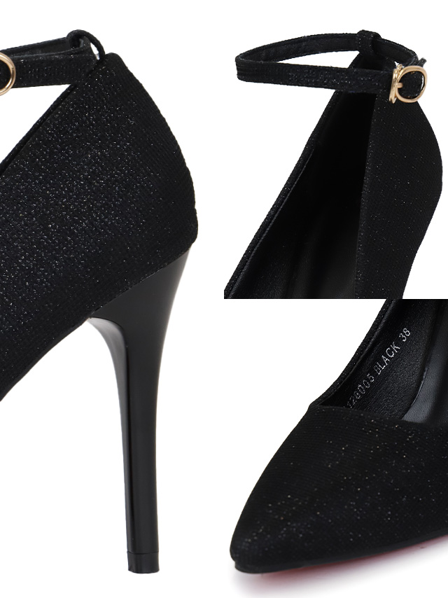 アンクルストラップ付き ポインテッドトゥ ラメ パンプス