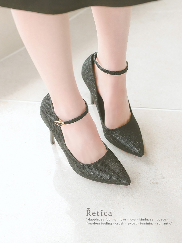 アンクルストラップ付き ポインテッドトゥ ラメ パンプス