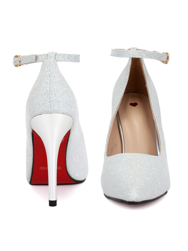 ラメ アンクルストラップ付き ポインテッドトゥ パンプス