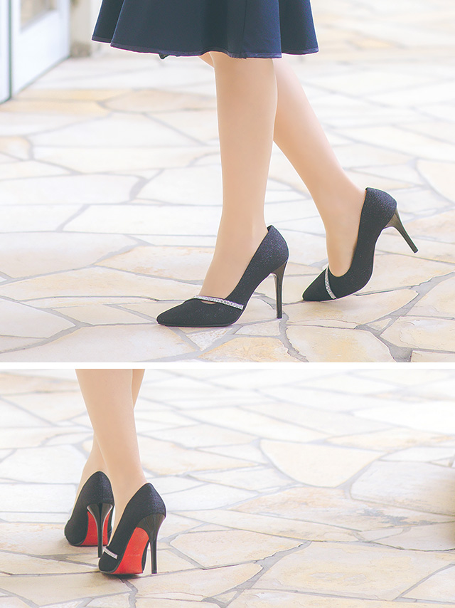 キャバシューズ Rechercher キラキラ シルバー ビジューライン ラメ シンプル ポインテッドトゥ パンプス ブラック