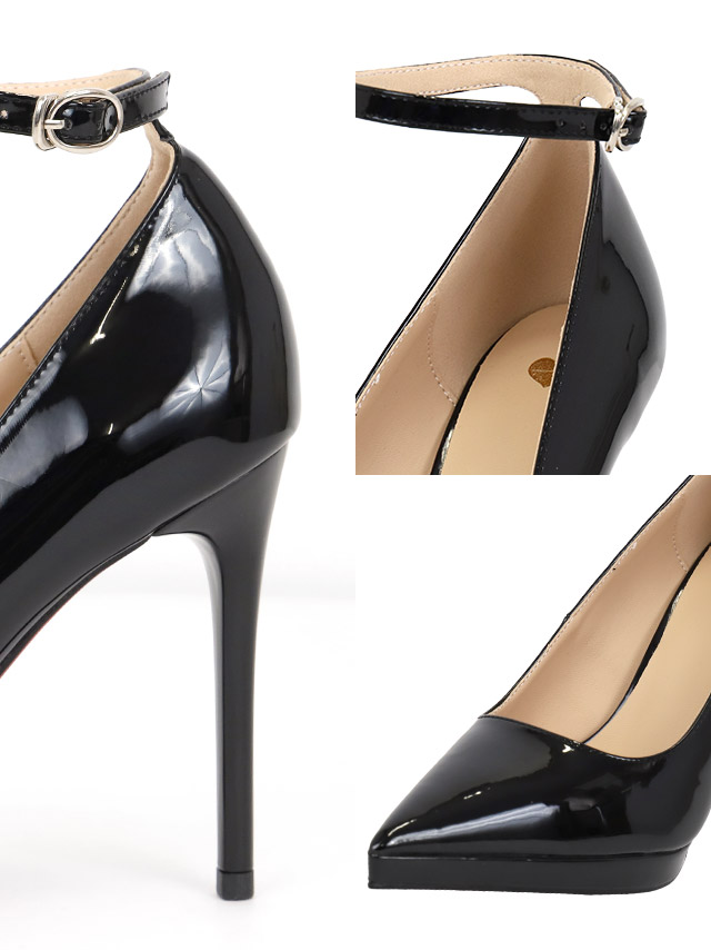エナメル アンクルストラップ付き ポインテッドトゥ パンプス