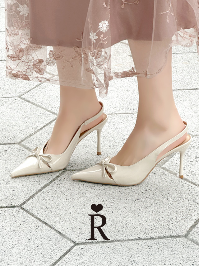 リボンデザイン ポインテッドトゥ スリングバック パンプス