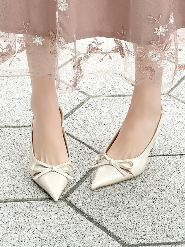 リボンデザイン ポインテッドトゥ スリングバック パンプス