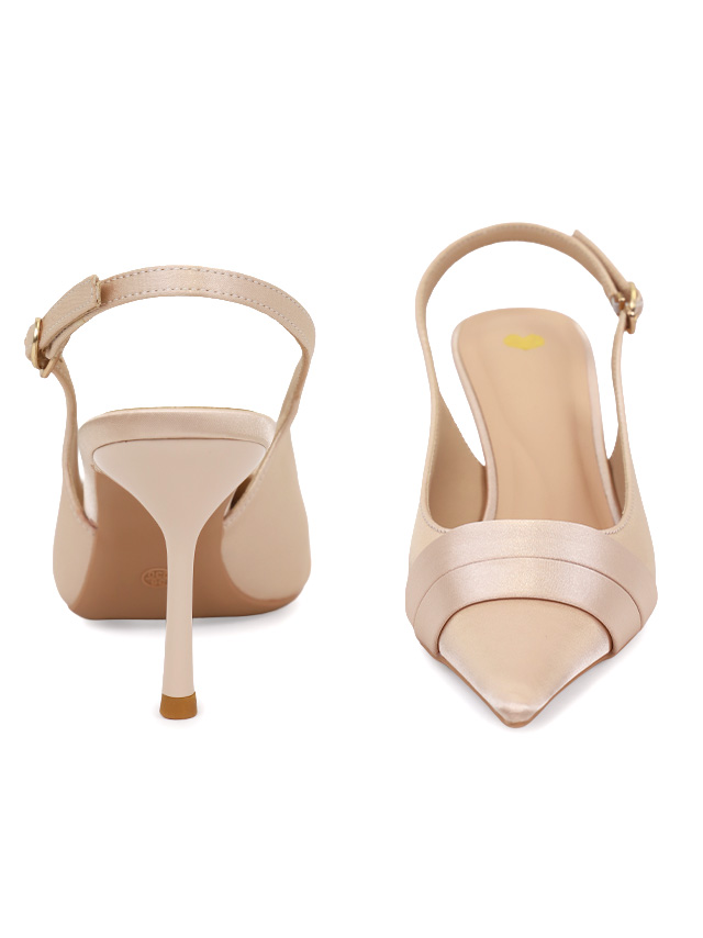 サテン ポインテッドトゥ スリングバック パンプス