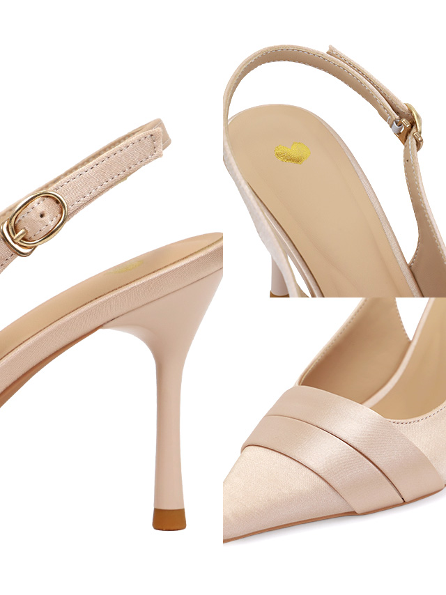 サテン ポインテッドトゥ スリングバック パンプス