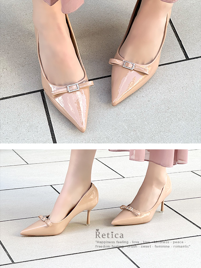 エナメル ポインテッドトゥ リボン パンプス