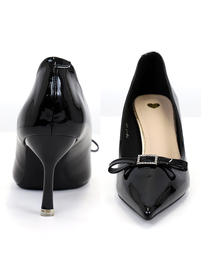 リボン エナメル ポインテッドトゥ パンプス