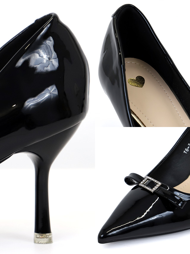 リボン エナメル ポインテッドトゥ パンプス
