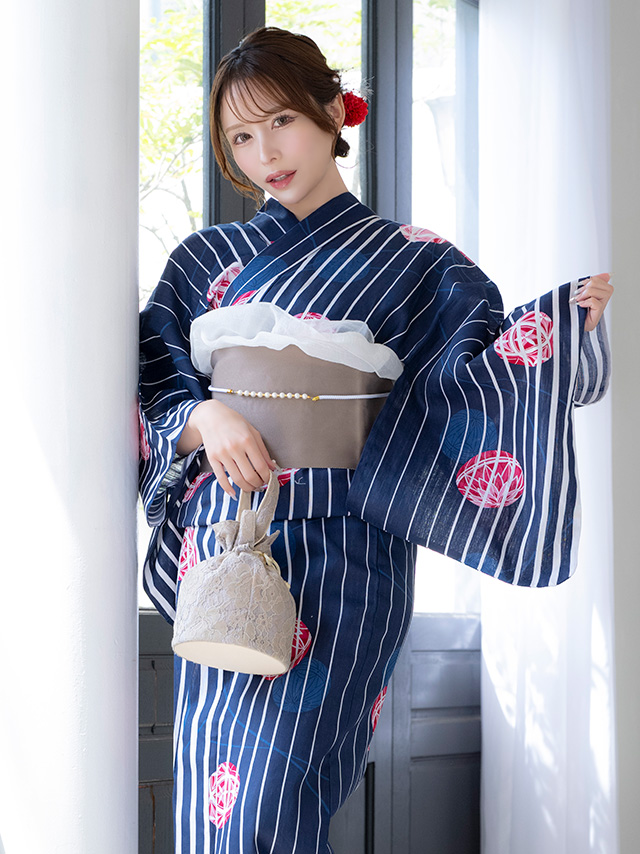 浴衣 紺地 縦縞 手毬柄 ゆかた3点SETのイメージ画像3