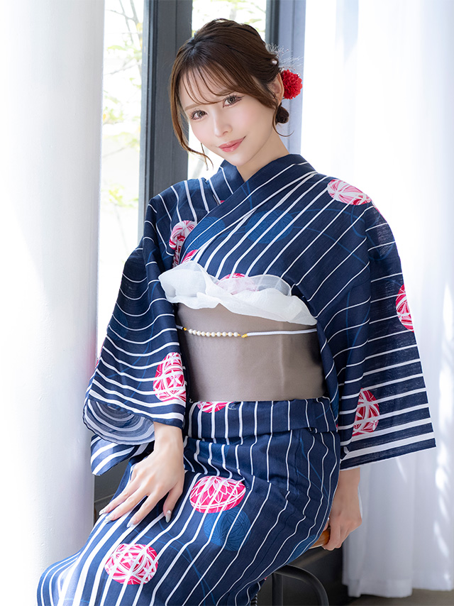浴衣 紺地 縦縞 手毬柄 ゆかた3点SETのイメージ画像4